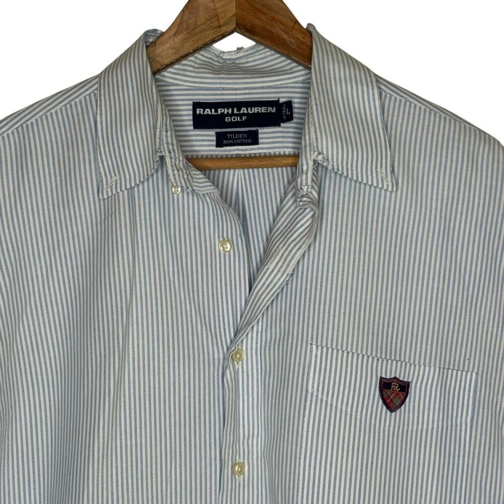 Vtg Ralph Lauren Golf Distressed Blue and White Striped Crest Button Down Shirt